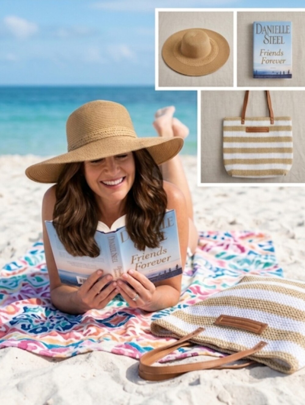 Beach Day 3-Piece Bundle | Striped Knit Tote, Straw Sun Hat & Danielle Steele
